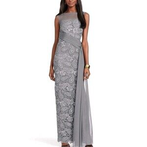 Ralph Lauren Evening Gown Tulle Dress Lace Paisley Size 0 Silver Gray With Sash